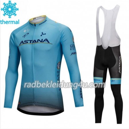 Set Langarmtrikot + Trägerhose Lange 2018 Astana Pro Team Winter Thermal Fleece N001